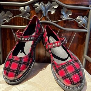 torrid Red Black Plaid Mary Jane Flats with Studded Strap